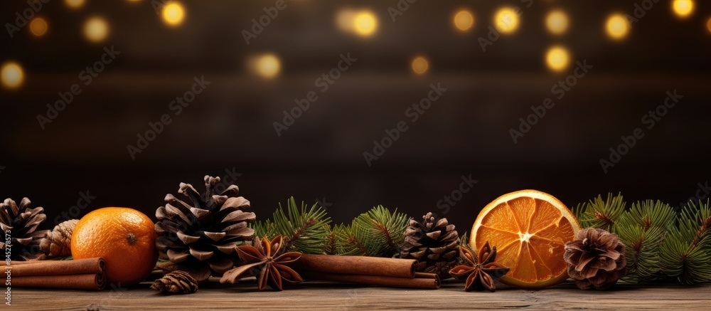 Aufkleber A festive Christmas scene with dried oranges cinnamon sticks and fir tree branches on a brown wooden table Golden pine cones add a touch of elegance Ample copy space is available for personalizing th