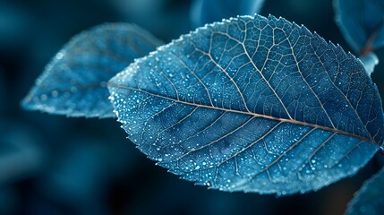  Macro droplet leaf. The structure of a leaf with veins and cells, pale blue gray tones.