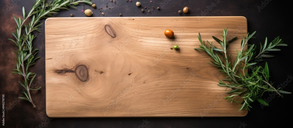 Poster A flat lay view of a wooden cutting board made from olive tree placed on a white background The image emphasizes a cooking and recipe concept with an empty space for customization. Creative banner