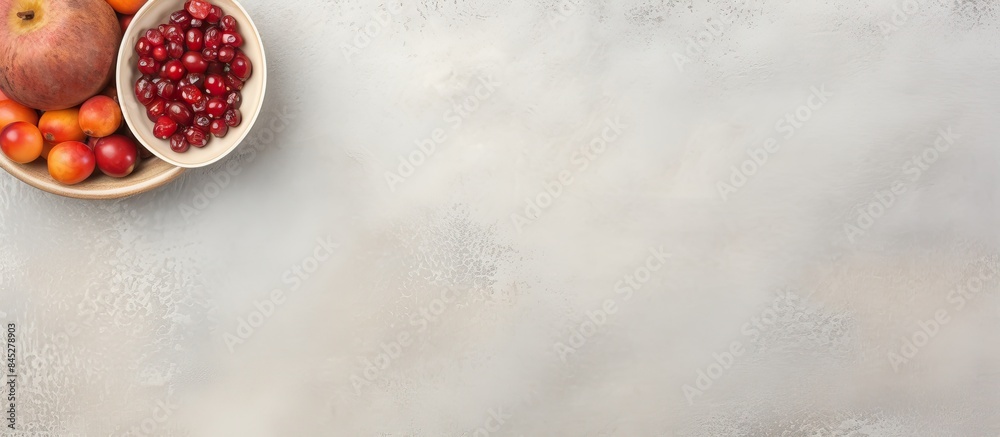 Poster top view of a white ceramic bowl on worn gray scratched concrete filled with delicious warm oatmeal 