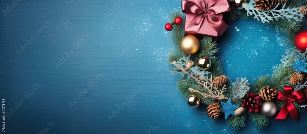 Poster a festive christmas wreath and gift box sit on a blue table surrounded by new year s decorations the