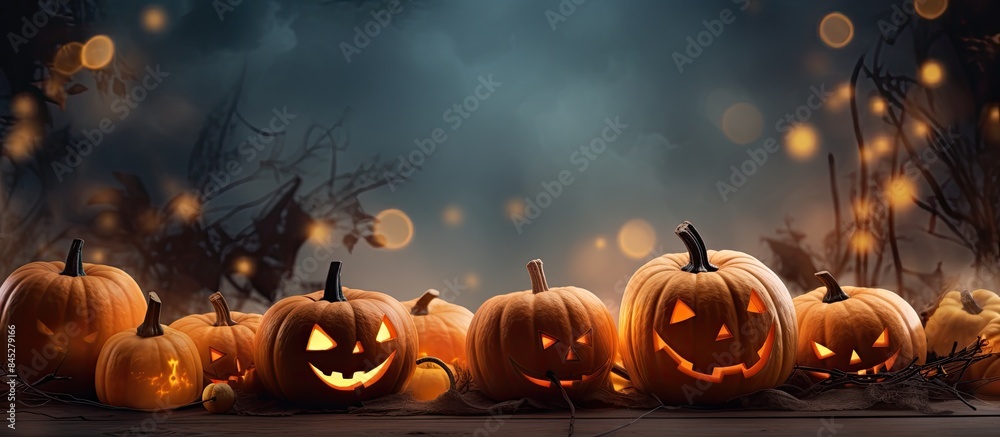 Sticker Eerie Halloween atmosphere with a backdrop of an orange glowing bokeh and an assortment of spooky elements like pumpkins bats a cat and a ghost Perfect for a banner or adding text Copy space image