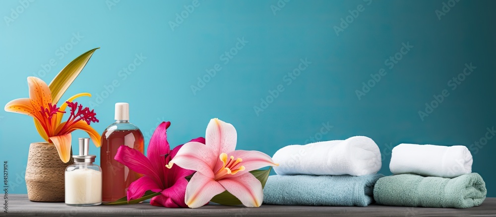 Poster an assortment of body care and spa bottles are arranged alongside a towel and a vibrant tropical flo