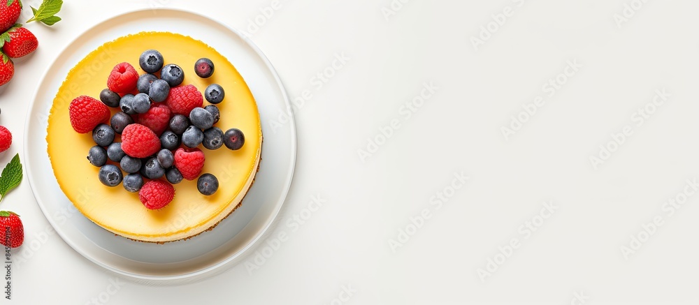 Poster A top down view of a cheesecake adorned with fresh berries and mango placed on a light gray plate against a white backdrop offering space for your text. Creative banner. Copyspace image