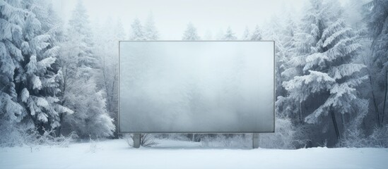 A snowy forest landscape during winter with a blank billboard serving as a canvas for a Winter Christmas New Year holiday concept There s plenty of copy space available in this mixed media image