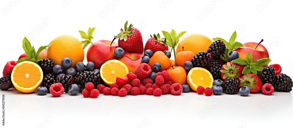 Poster a close up panoramic photo displaying a vibrant assortment of fresh and healthy fruits and berries i