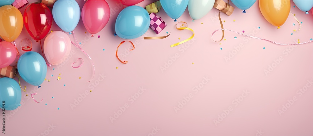 Poster a festive flat lay style background featuring vibrant balloons presents and confetti perfect for bir