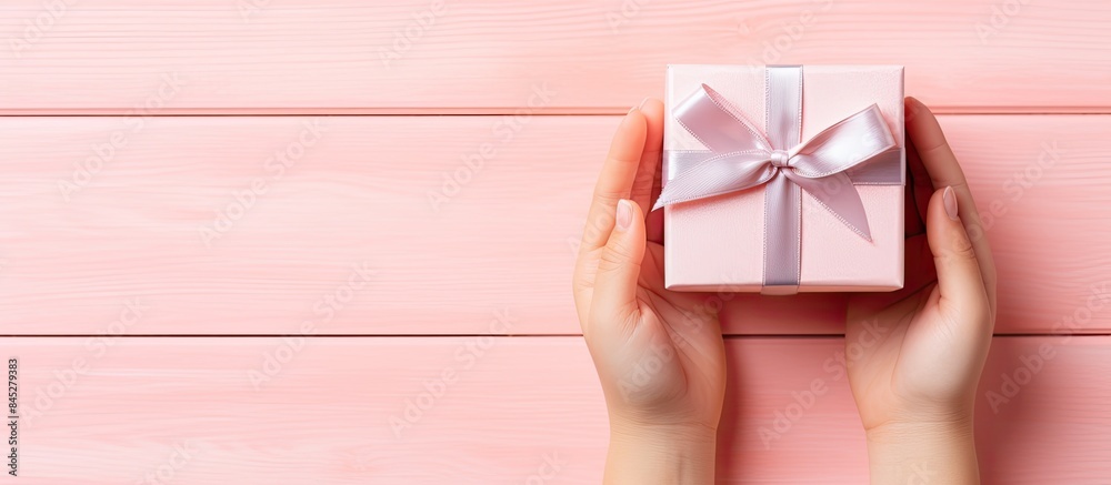 Aufkleber a top down copy space image depicting a child s hands holding a small blue gift box wrapped with a r