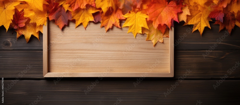 Leinwandbilder top view of a wooden plank placed on vibrant maple leaves creating a captivating autumn leaves backd