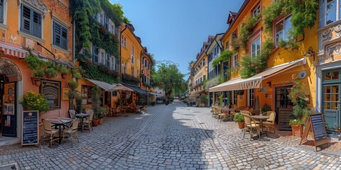 Fototapeta premium Charming Historic Town Square: Cobblestone Streets, Cafes, and Architecture