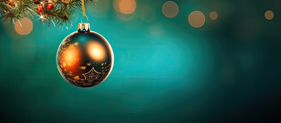 A holiday ornament featuring a Christmas tree design hangs gracefully from a branch of a vibrant evergreen tree in this captivating copy space image