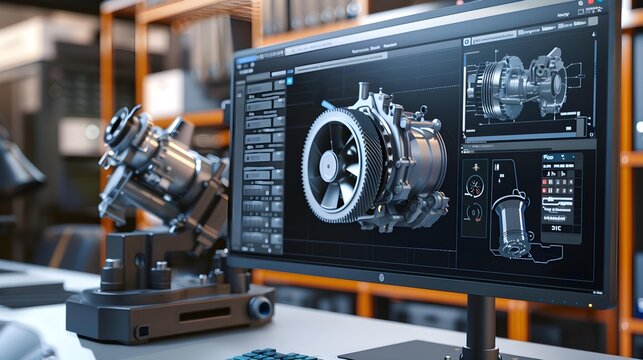 Engineering designer design 3D CAD software program Industrial engine model mechanical dimensional digital manufacturing factory engineer computer screen. 3d rendering