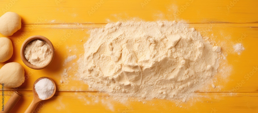 Poster A top down view of a baking scene on a yellow paper background featuring a rolling pin and flour This image could be used for various purposes such as promoting a bake menu or showcasing homemade pas