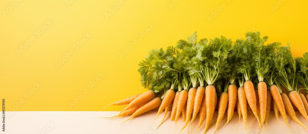 Sticker A close up image of a bunch of carrots arranged neatly in a white wooden box set against a vibrant yellow background leaving ample copy space