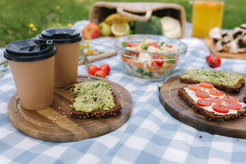 Coffee on vegan picnic. Fresh salad with vegan sandwich on blue checkered blanket in park