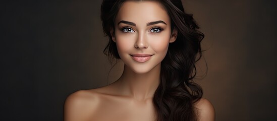 Beautiful girl with smoky eye makeup bare shoulders looking directly at the camera smiling posing for a close up beauty photo with ample copy space