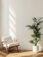 Empty white wall in apartment room. Wooden chair and plant on parquet flooring. Template for your content.