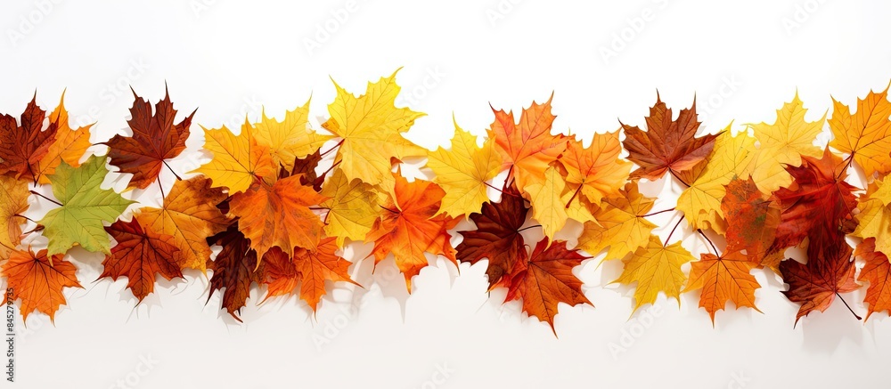 Poster A vibrant border decoration adorned with colorful autumn leaves displaying hues of yellow green and brown set against a pristine white background with ample copy space image