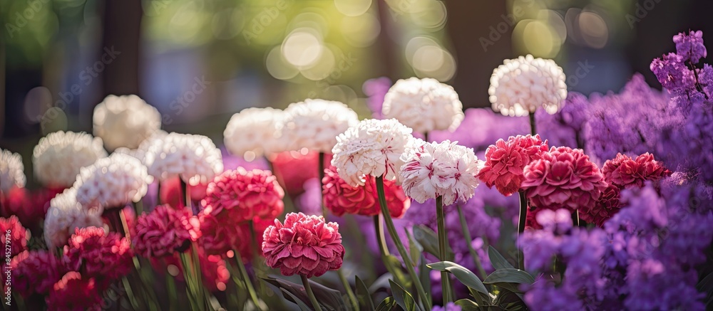 Poster A colorful display of purple red and pink flowers in a garden during sunny daylight creates a fresh and vibrant setting for a cheerful spring backdrop with a copy space image