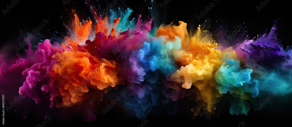 Poster A multicolored powder explosion frozen in a captivating image showcasing abstract splatters on a black backdrop The copy space image highlights the vibrant and textured glitter