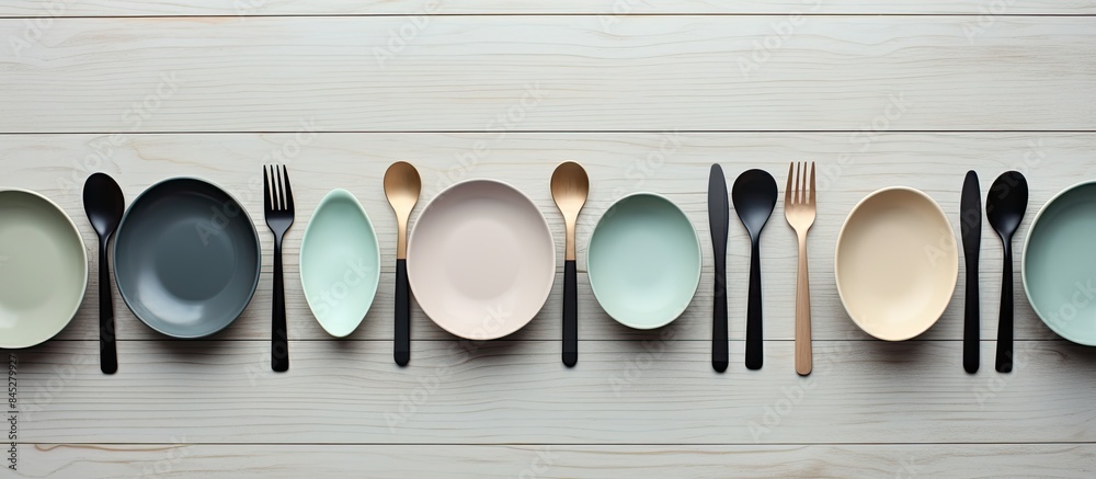 Poster a minimal and elegant flat lay view of a gray wooden background featuring a beautiful collection of 