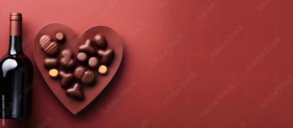 Poster top view of a heart shaped gift box of chocolates placed on a colored background perfect for valenti
