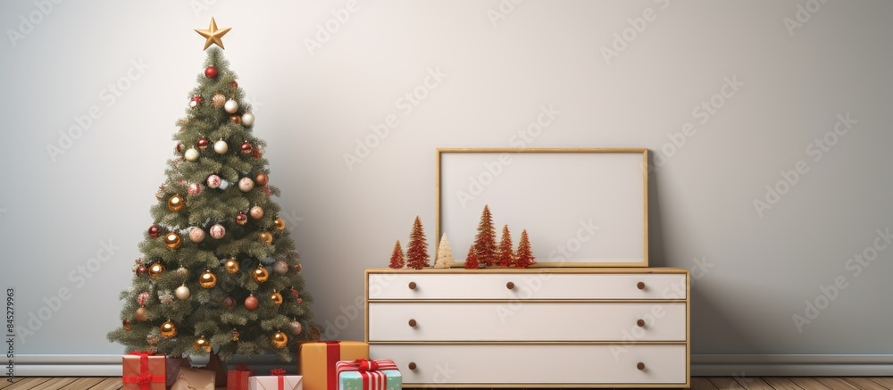 Aufkleber a copy space image of a blank frame is displayed on top of a chest of drawers surrounded by gifts ne