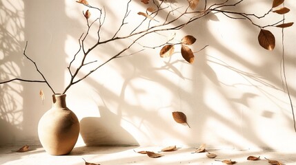 A minimalist scene with a textured vase holding bare branches against a sunlit wall, casting intricate shadows. Fallen leaves scattered around the vase.