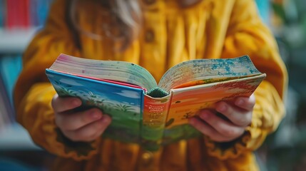 A close-up of hands holding a children's book for International Children's Book Day, capturing the wonder and storytelling, leaving space for text
