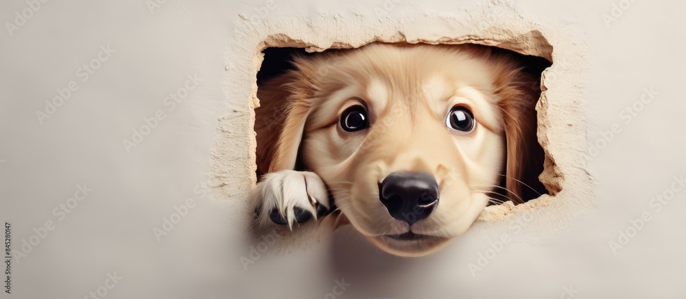 Poster Golden retriever puppy peeking out from a hole in the wall presenting a creative minimal concept The image contains a mock up and copy space