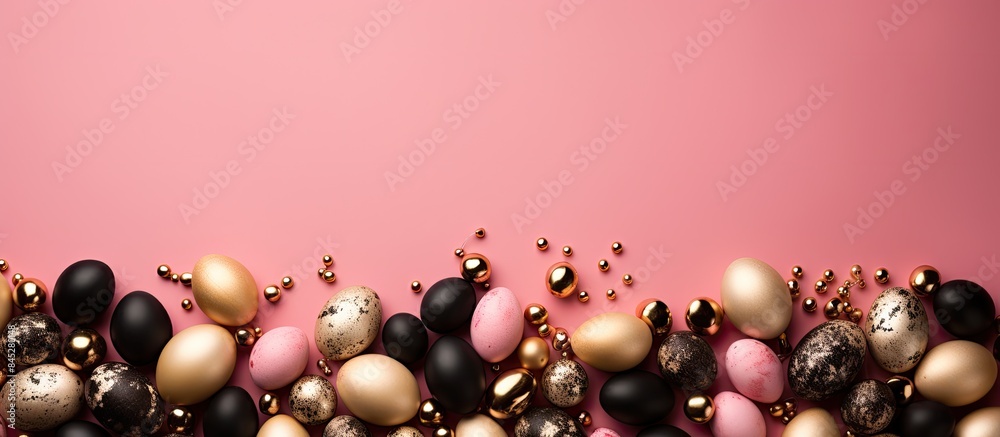 Aufkleber pink background with a happy easter theme featuring a frame made of wooden eggs the eggs are painted
