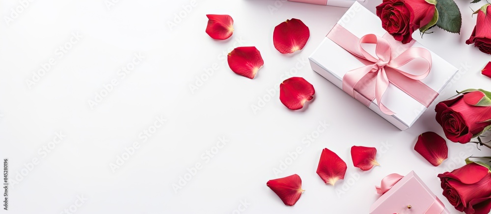 Aufkleber A flat lay composition features a pristine white background adorned with a blank canvas vibrant roses and gift boxes It serves as a mockup for design offering ample copy space