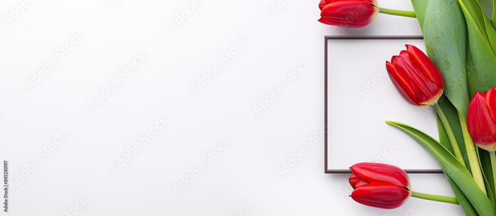 Aufkleber A top view square frame showcasing a dark red Tulip on a white background evoking a spring mood The copy space image captures the vibrant essence of the flower 184 characters