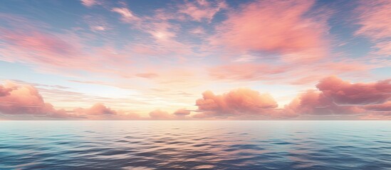 A serene ocean at sunset adorned with vibrant clouds against a sky backdrop The calm sea blends harmoniously with the colors of a sunrise sky. Creative banner. Copyspace image