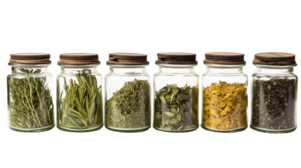 Photograph of a collection of glass jars filled with various dried herbs, such as sage, mint, and fennel,