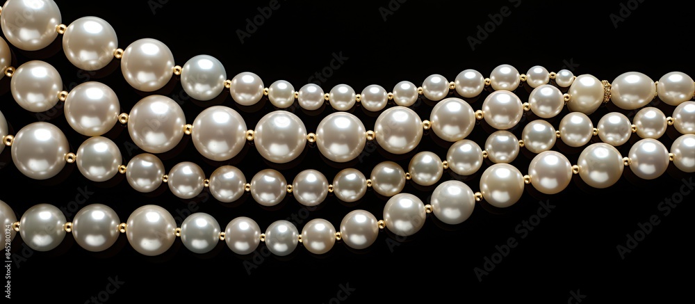 Poster beautiful pearl necklaces arranged in rows placed against a sleek black background this image embodi