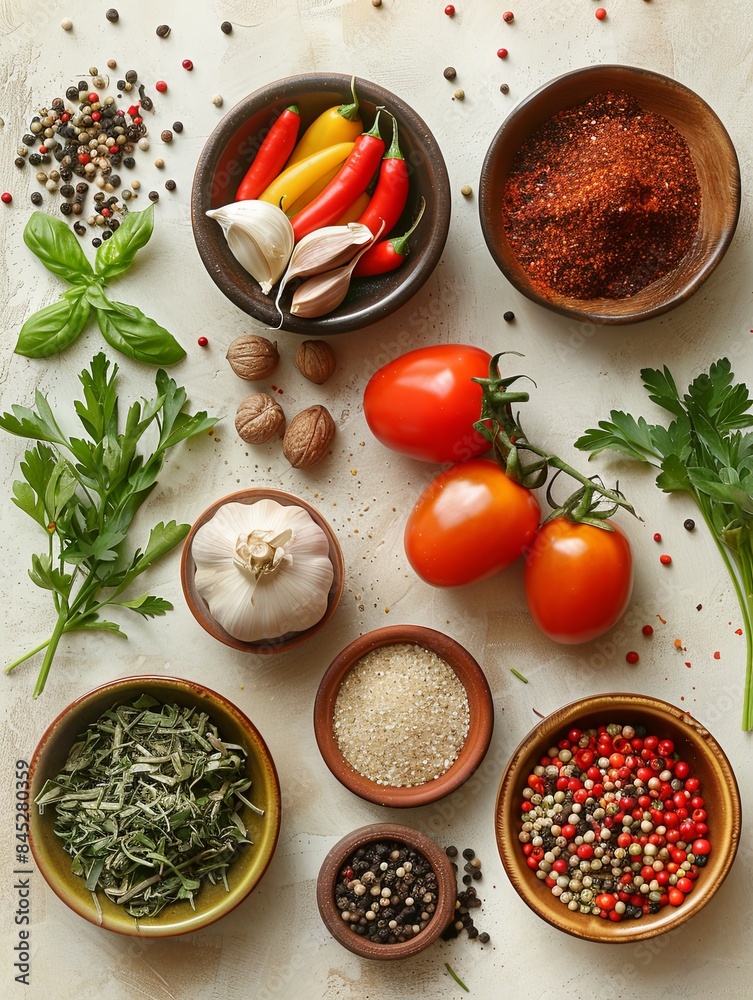 Poster a kitchen table is filled with various fresh vegetables and spices in bowls. generative ai