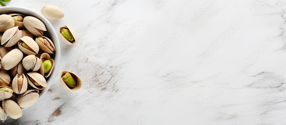Aufkleber A healthy snack pistachio nuts displayed in a bowl on a white marble table The top view captures a close up of the enticing arrangement with plenty of copy space for additional elements in the image
