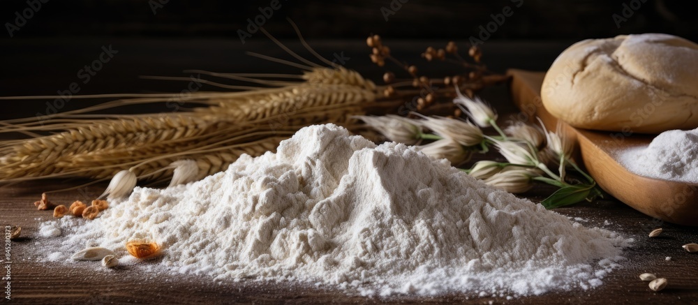 Poster Copy space image of flour and various ingredients used for making dough including those needed for baking pizza bread and other bakery goods