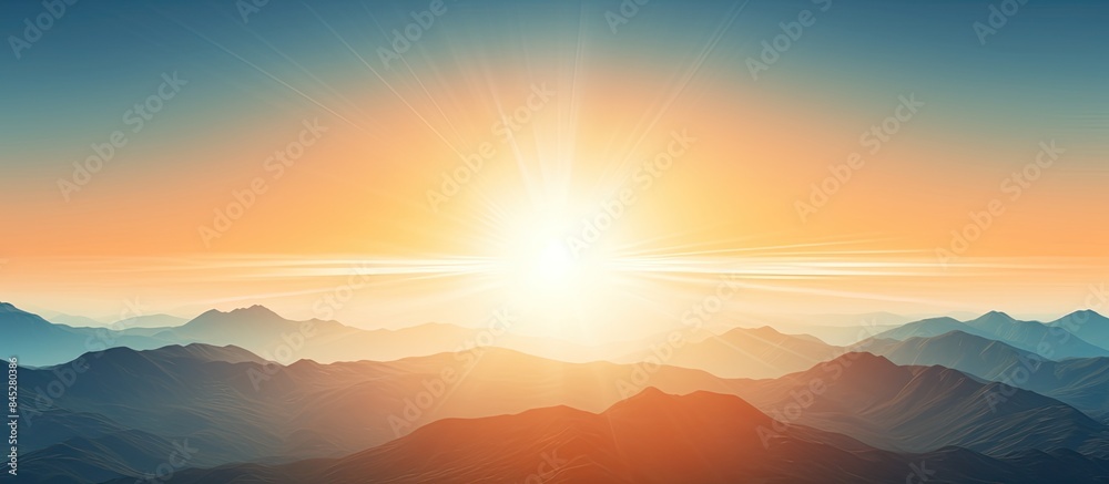 Poster A stunning landscape of mountains with a vibrant sunset and sun rays creating a special circular area for text The image includes a blurred effect for copy space