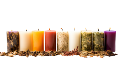 Photograph of a collection of hand-rolled herbal candles, each with a unique blend of essential oils