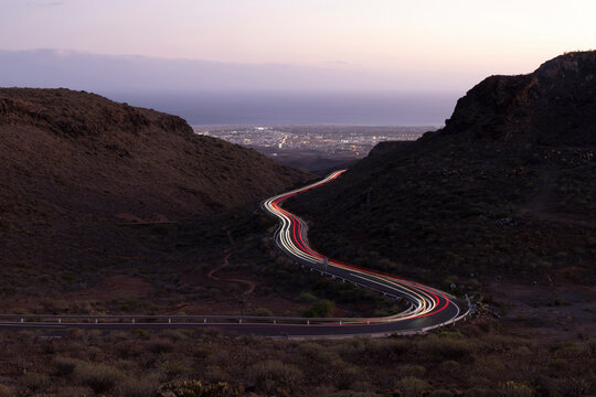 Mountain road leading to Pico de Las Nieves at dusk in Las Palmas de Gran Canaria, Spain - Powered by Adobe