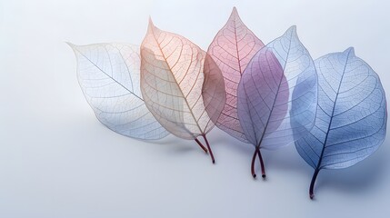 Obraz premium Leaves of different delicate colors isolated on a white background. Leaf structure, macro.
