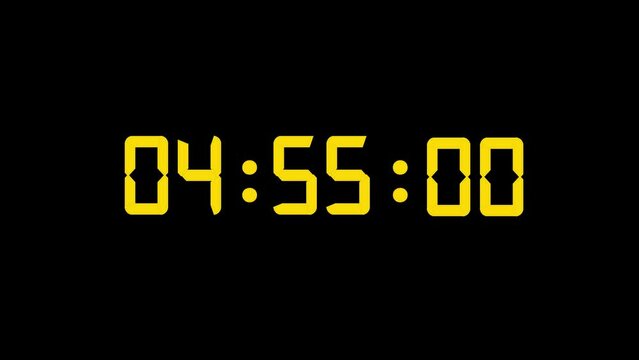 5 minutes countdown yellow digital clock animation with fast milliseconds 