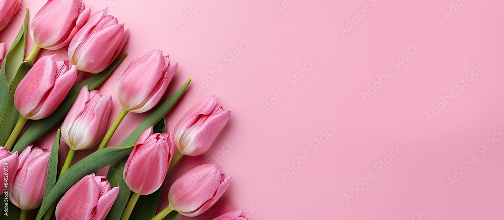 Poster easter themed tulip flowers placed on a pink background providing ample copy space for any text the 