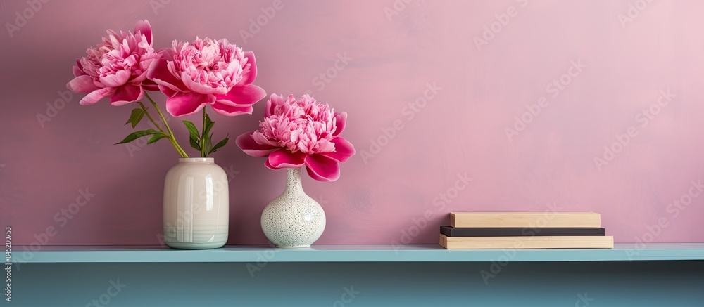 Aufkleber A shelving unit displaying a vase of pink peonies and a figurine is situated near a colorful wall creating a visually appealing scene with copy space image