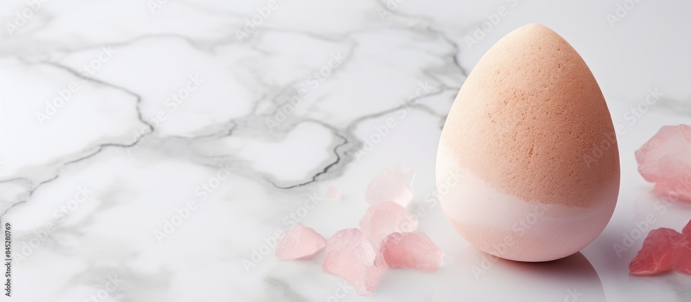 Aufkleber A beauty blender a sponge used for applying foundation and concealer is displayed on a white marble background in a beauty concept image with available space for text and copy space
