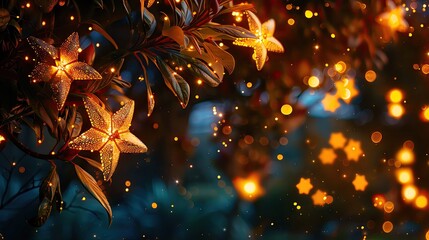 A close-up of twinkling stars and traditional elements for Matariki Day, with a mystical and cultural feel, leaving space for text
