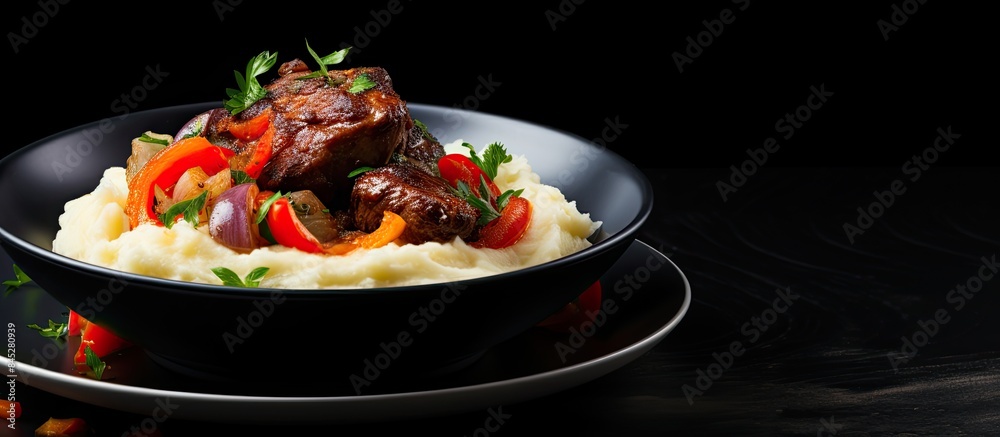 Poster a bowl of fried chicken liver with apples sweet pepper and onions served with mashed potatoes placed