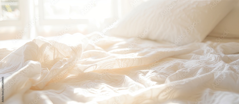 Poster A close up photo of a white patterned blanket on a bed captured with the morning sun streaming in through a window showcasing a beautiful copy space image